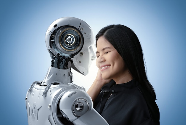 Asian woman happy living with cyborg or robot