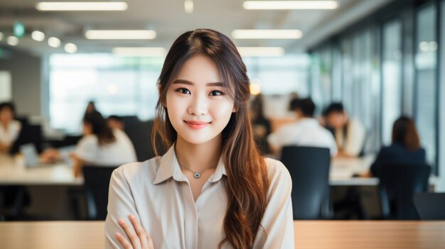 Азиатская женщина Счастливая улыбка в бизнесе Профессиональная счастливая уверенная в себе Позитивная женщина-предприниматель в офисе Совместная работа Глядя в камеру