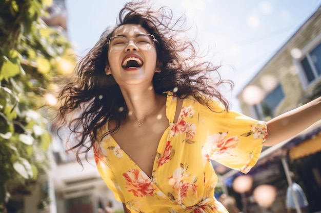 An Asian woman having fun in summer