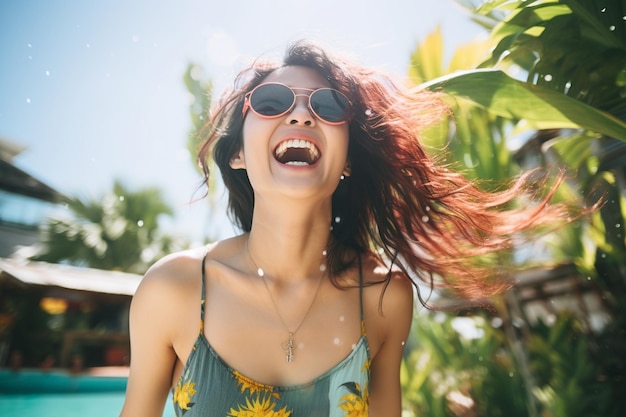 An Asian woman having fun in summer