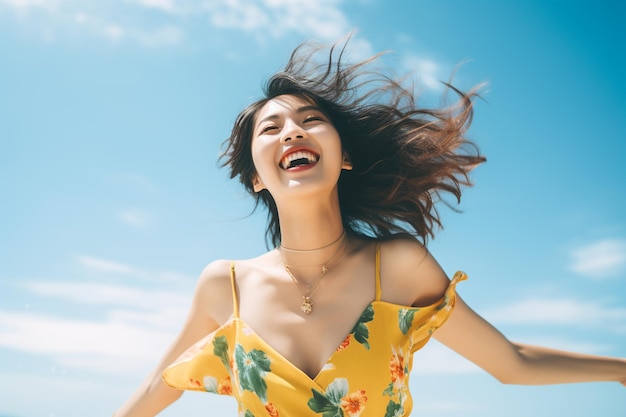 An Asian woman having fun in summer