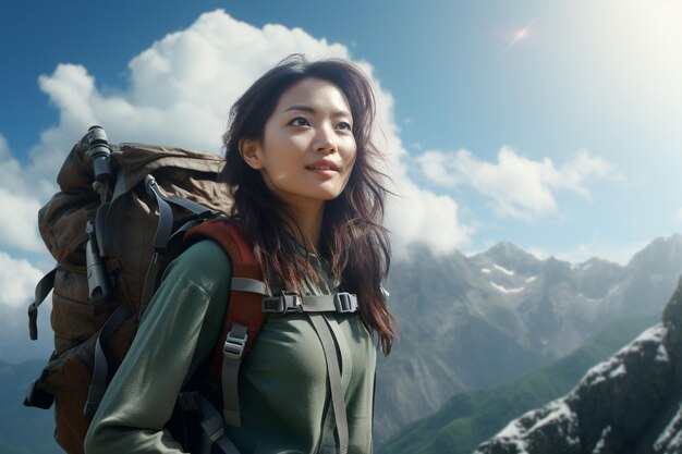 Asian woman hiking in a scenic mountain Generative ai