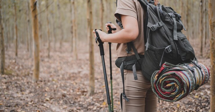 Asian woman hiking trail and trekking in the forest alone. Travel and outdoor activity. Relax and recreation in autumn holiday.