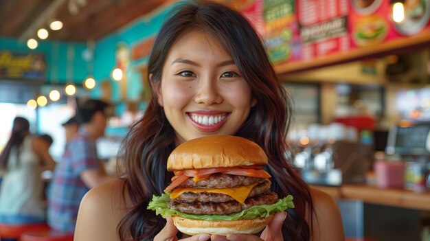 Photo asian woman holding big burger extra large hamburger