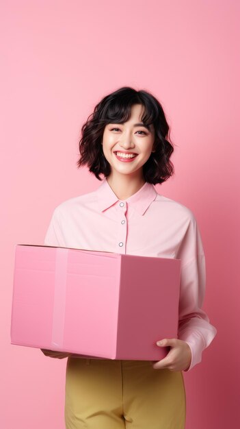 Asian woman holding a box