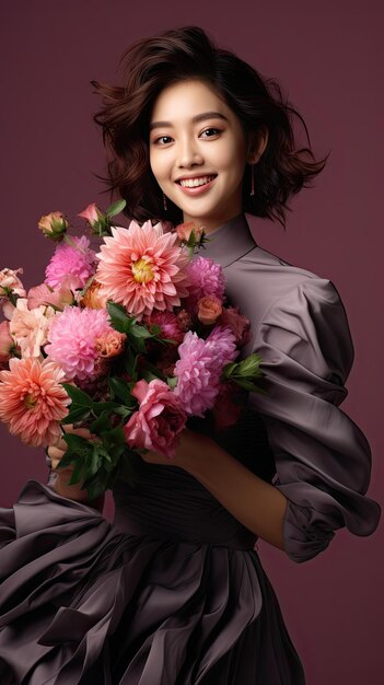 Asian woman holding flower bouquet florist