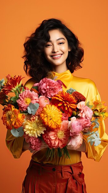 Asian woman holding flower bouquet florist