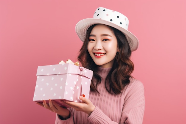 A asian woman holding a gift box with a pink box