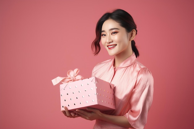 A asian woman holding a gift box with a pink box