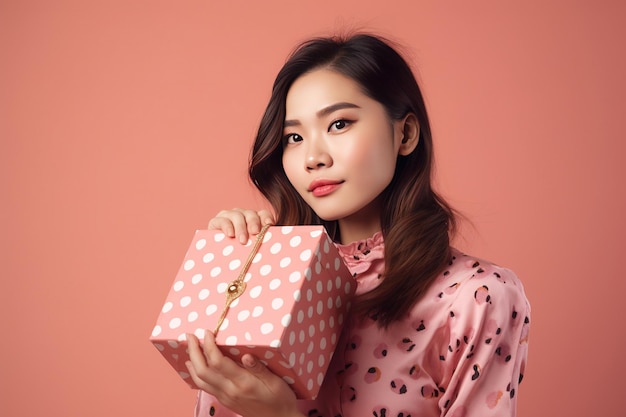 A asian woman holding a gift box with a pink box