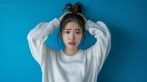 写真 アジアの女性が青い背景で手を頭の上に持って悲しい女性不幸な女性片頭痛に苦しんでいます