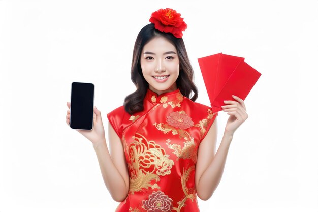 Photo asian woman holding red envelopes and smartphone