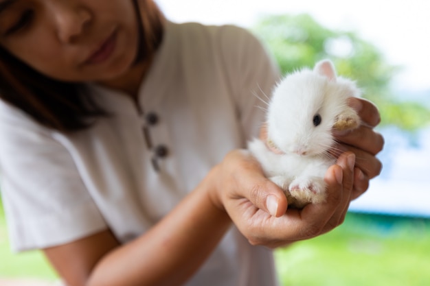 Asian woman holding white baby bunny on hand with tenderness. Friendship with cute easter bunny.