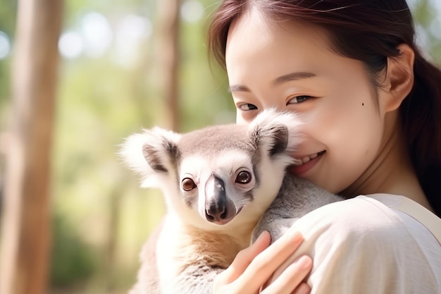 동양인 여성 이 산림 에서 코알라 를 포옹 하고 있는 것 은 공존 을 상징 한다