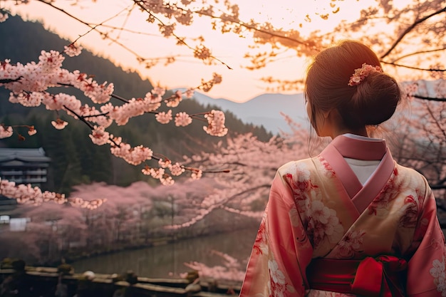 写真 キモノを着たアジア人女性が美しい桜の庭にいます