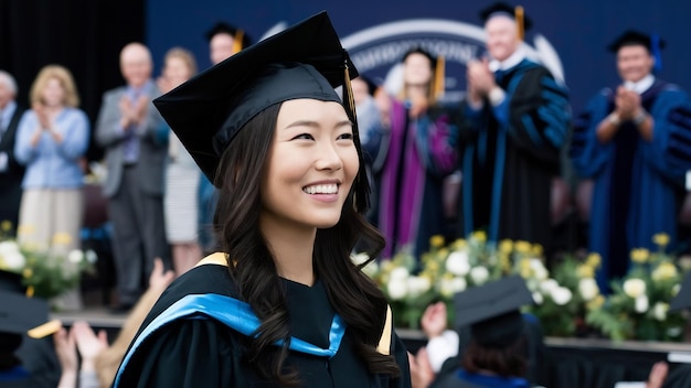 写真 asian woman in mortarboard hat graduating from college