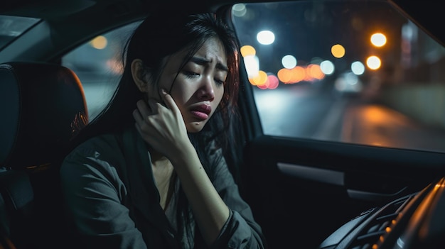 Asian woman is alone in car at the night She is stressed