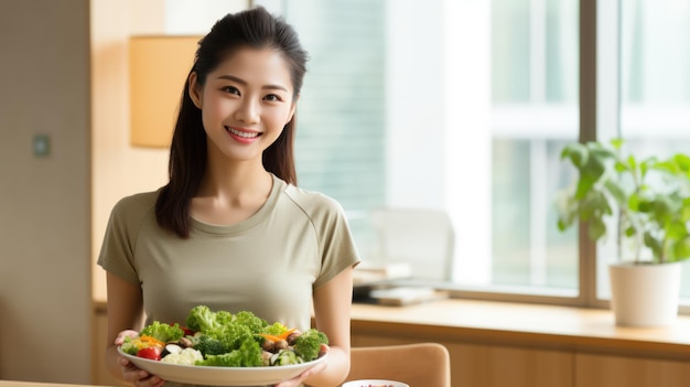 Asian woman is holding a salad bowl and looking at the camera A Beautiful girl in sportswear likes