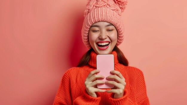 Photo an asian woman is jumping and smiling holding her cellphone with an empty space on the screen mockup with turquoise studio background