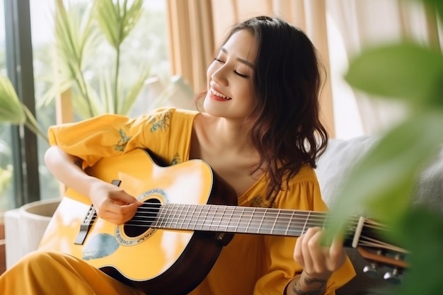 An Asian woman is lying on a yellow sofa playing the guitar in a relaxed mood On vacation at home