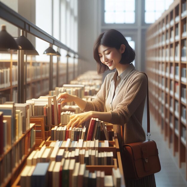 Foto una donna asiatica sta comprando dei libri.