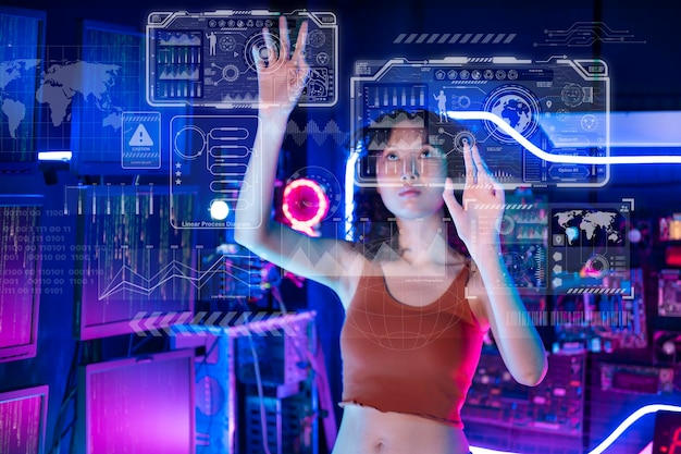 An Asian woman is touching interface on virtual reality screen Technology futuristic concept