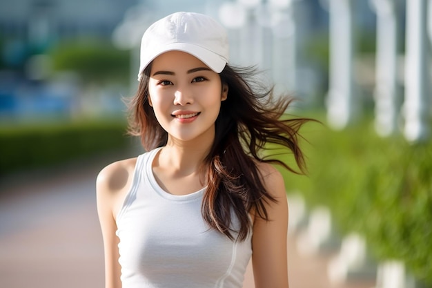 Asian woman jogging wearing white hat smiling