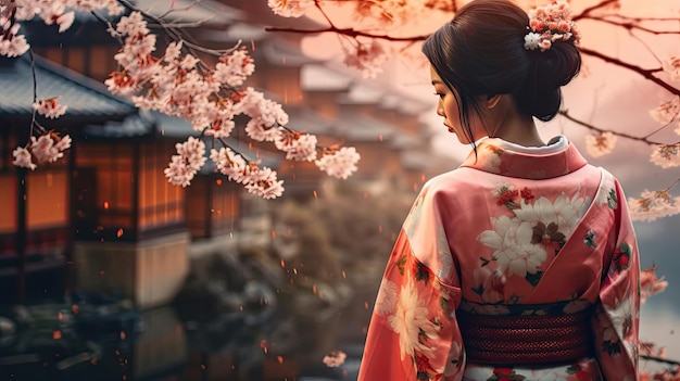 경치 좋은 체리 꽃 정원 에서 키모노 를 입은 아시아인 여자