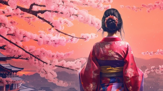 Foto donna asiatica in kimono nel panoramico giardino dei fiori di ciliegio