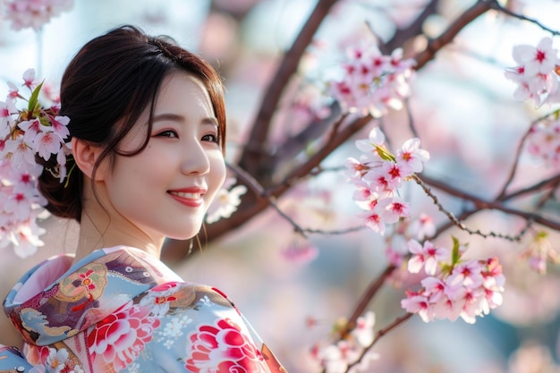 Asian woman in kimono with cherry blossoms in Japan