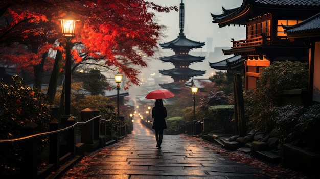 Asian woman in kimono with umbrella in Kyoto