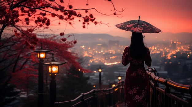 Foto donna asiatica in kimono con ombrello a kyoto