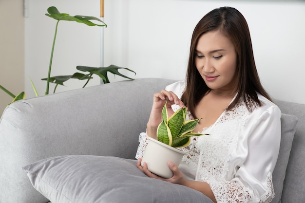 Asian woman in lace white nightwear and silk robe holds plants sitting on the gray sofa