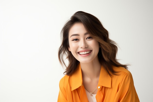 사진 밝은 오렌지색 기모노를 입고 행복하게 웃는 아시아 여성