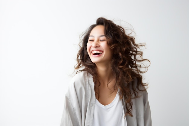 Asian woman laughing happily wearing white kimono