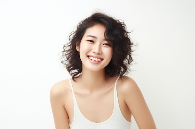 Asian woman laughing happily wearing white tank top