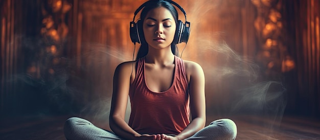 Asian woman listening to music with headphone and smartphone after doing yoga and exercise at home with copy space