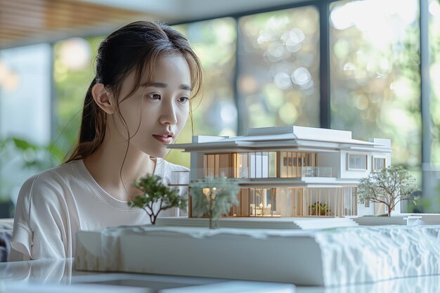 Asian woman looking at a model of a house with a laptop neoconcrete precision engineering