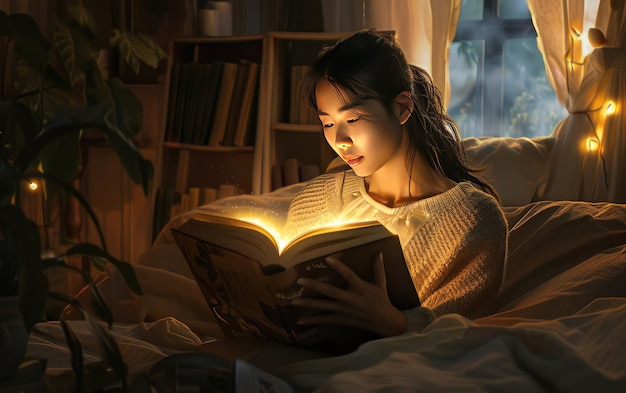 Asian Woman Lost in a Book in a Comfortable Bedroom Scene Asian Woman Immersed in Reading in a Cozy Bedroom Environment