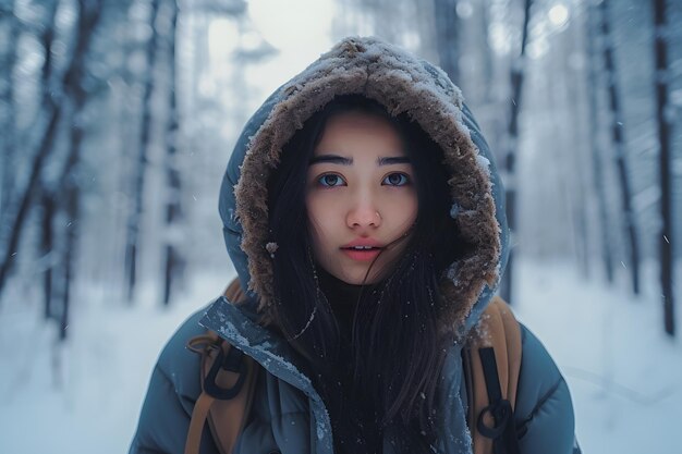 Asian woman lost in snowy winter forest at day neural network generated photorealistic image