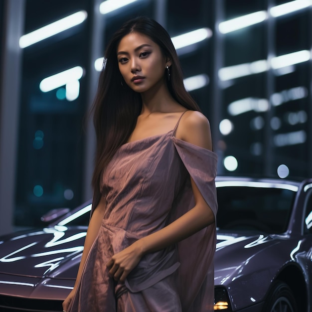 Asian woman next to luxury sport car Nightlife