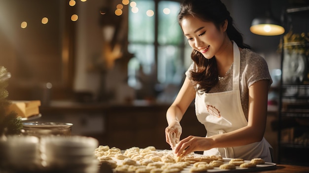 アジア人女性がキッチンでクッキーを作っています