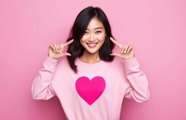 Photo asian woman making heart shape with hands on pink background