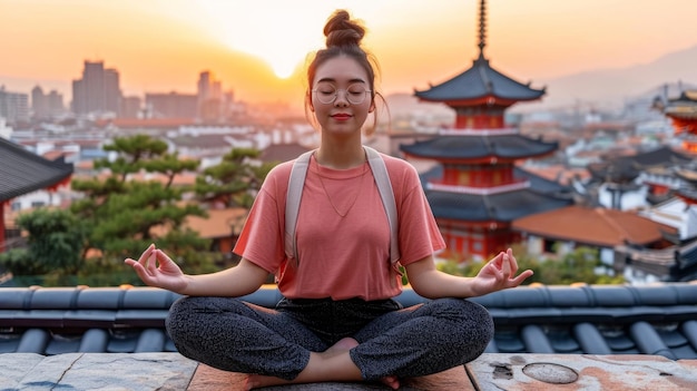 아시아 여성 이 롯스 꽃 을 고 명상 하고 있으며, 그 배경 에는 아름다운 도시 가 있다