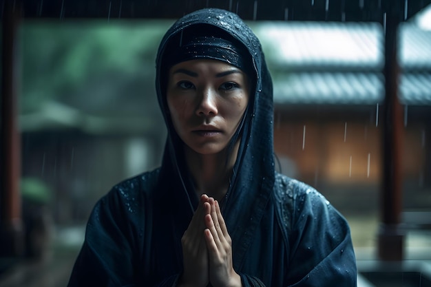 Asian woman meditating in the temple in the rain Neural network AI generated