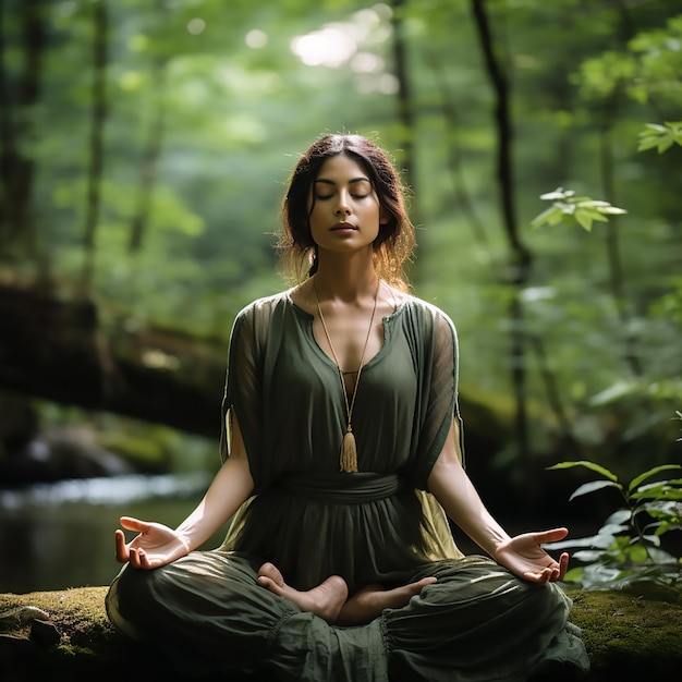 Asian woman meditating in the woods Forest yoga Mindfulness