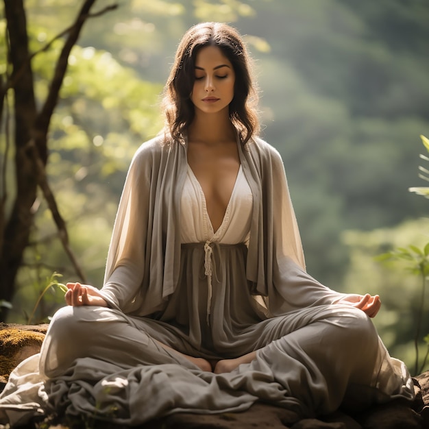 Asian woman meditating in the woods Forest yoga Mindfulness