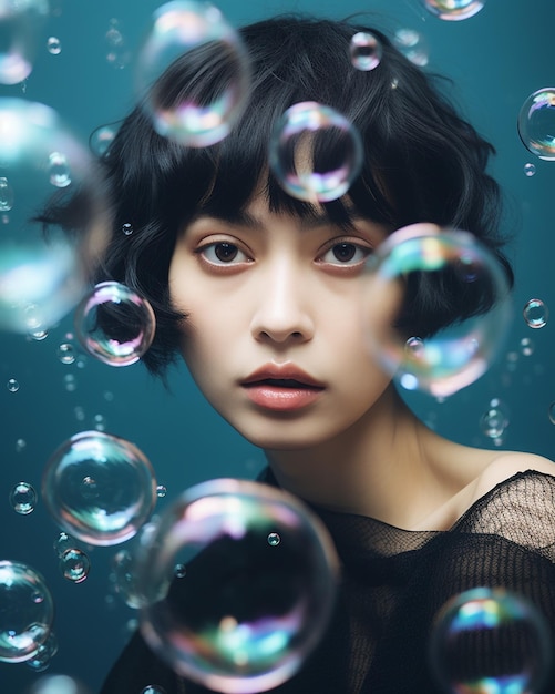 Photo asian woman model with bubbles