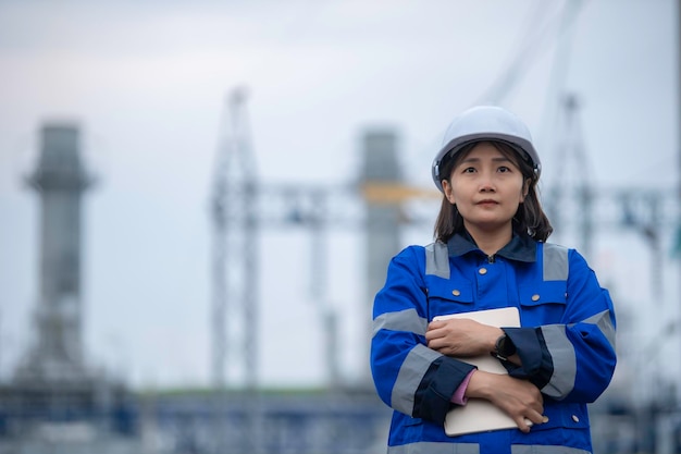 Asian woman petrochemical engineer working at oil and gas refinery plant industry factoryThe people worker man engineer work control at power plant energy industry manufacturing