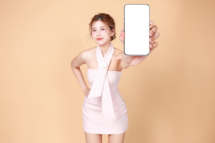 一個穿著粉紅色禮服的亞洲女人拿著白色背景的空白屏幕手機